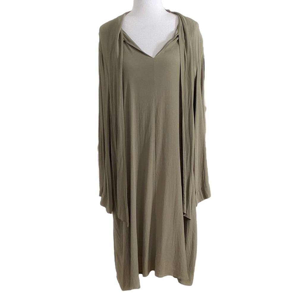 LUISA CERANO MUTED OLIVE GREEN ACETATE SILK BLEND LONG SLEEVE SHIFT DRESS - 16